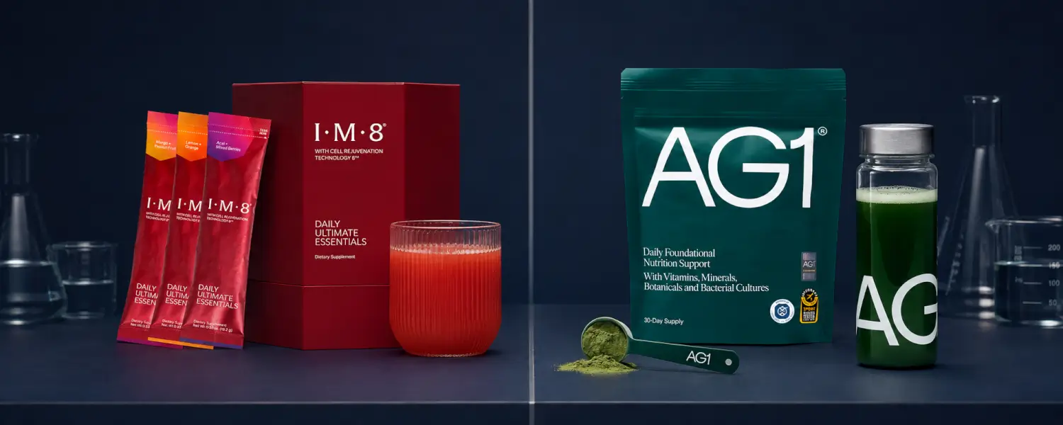 IM8 vs AG1 comes down to one difference: IM8 publishes the dose of its headline actives, AG1 publishes complex totals. We compare formula, certification, price per day and guarantees for a US buyer.